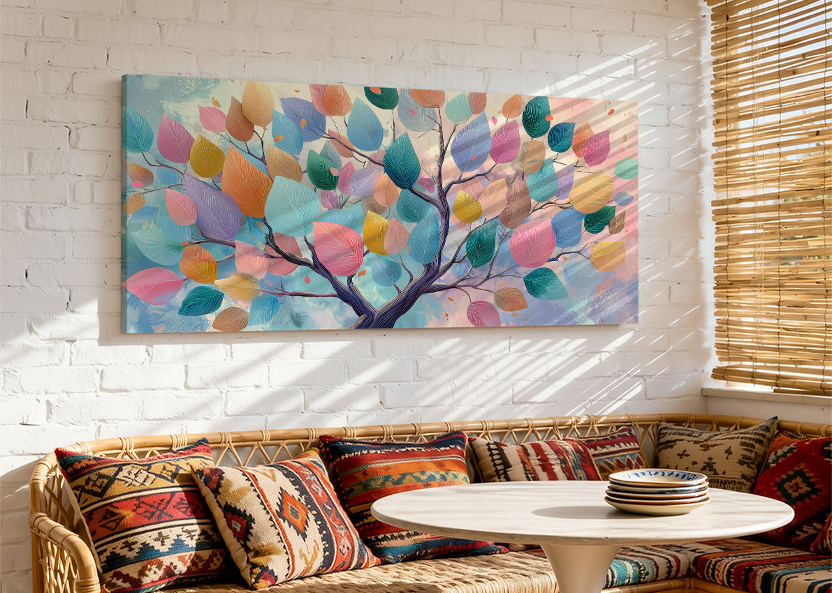 Colorful Leaves Tree Canvas Wall Art – Modern Abstract Nature Landscape – Single & 3 Panel Canvas – AI PRINT LAB