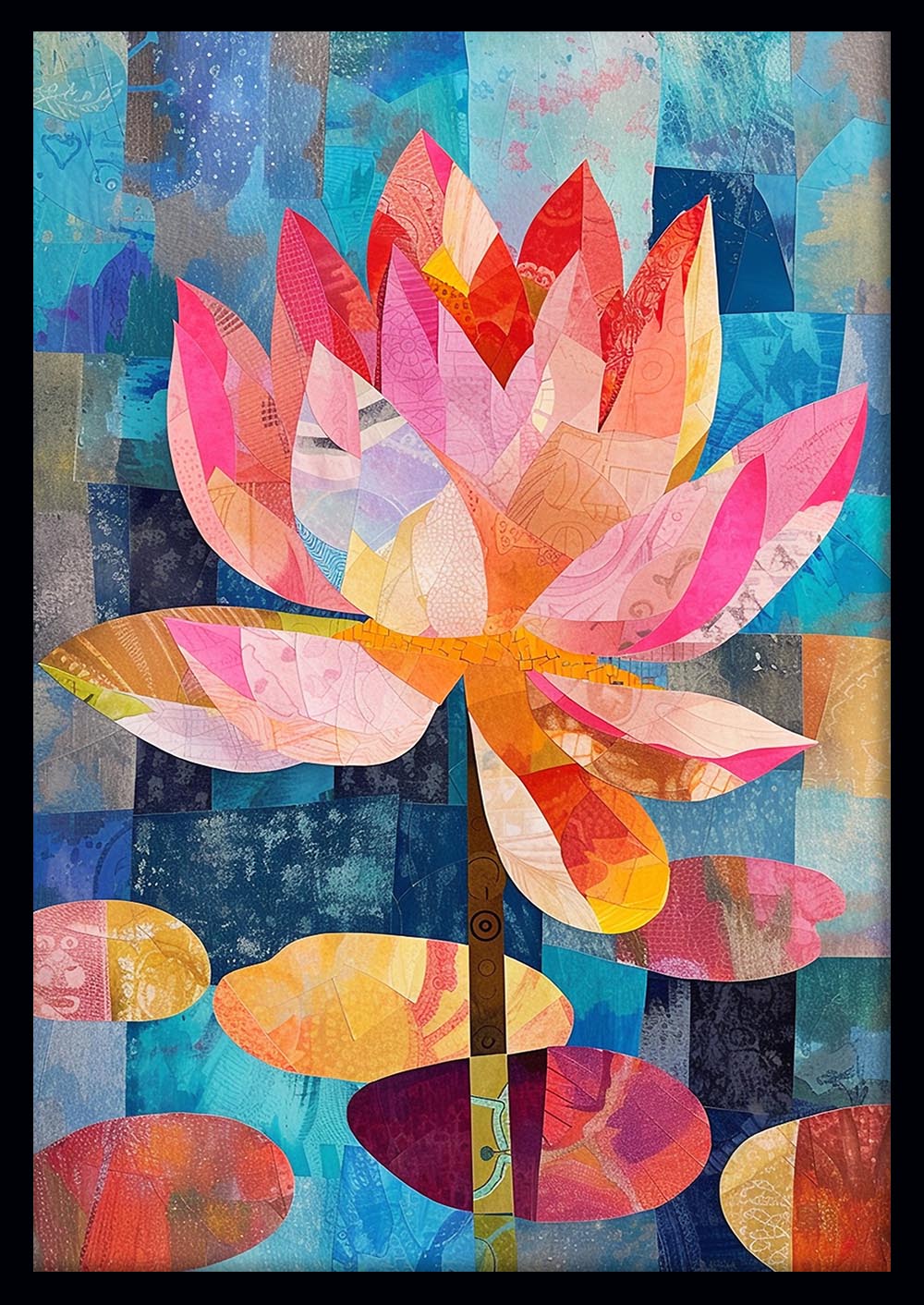 Colorful Lotus Flower Collage Art – Modern Floral Canvas Wall Art & Poster Print – T1195 – AiPrintLab
