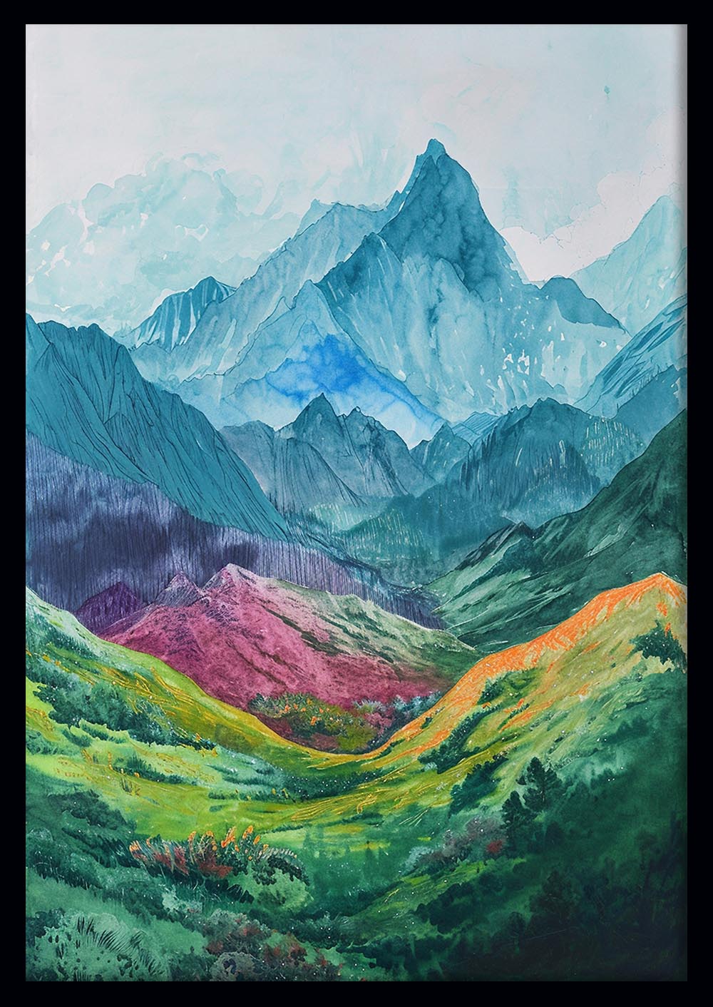 Colorful Mountain Valley Watercolor – Abstract Alpine Landscape Canvas & Poster Print – T1278 – AiPrintLab
