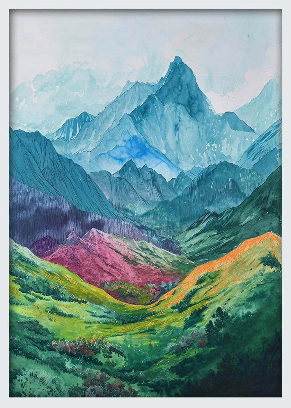 Colorful Mountain Valley Watercolor – Abstract Alpine Landscape Canvas & Poster Print – T1278 – AiPrintLab