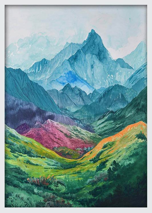 Colorful Mountain Valley Watercolor – Abstract Alpine Landscape Canvas & Poster Print – T1278 – AiPrintLab