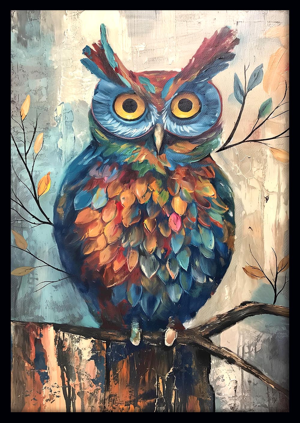 Colorful Owl on Branch – Whimsical Bird Canvas & Poster Wall Art – T1155 – AiPrintLab