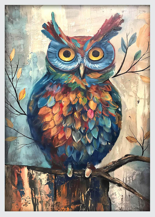 Colorful Owl on Branch – Whimsical Bird Canvas & Poster Wall Art – T1155 – AiPrintLab