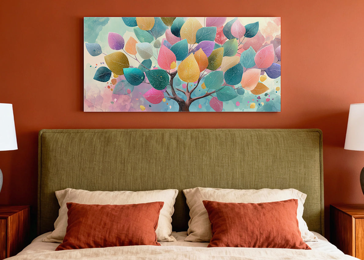 Colorful Pastel Leaves Tree Canvas Wall Art – Modern Abstract Nature Painting – Single & 3 Panel Canvas – AI PRINT LAB