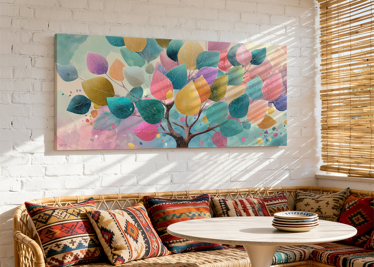 Colorful Pastel Leaves Tree Canvas Wall Art – Modern Abstract Nature Painting – Single & 3 Panel Canvas – AI PRINT LAB