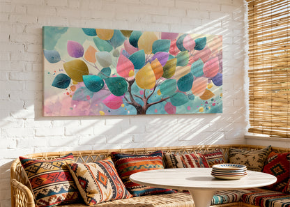 Colorful Pastel Leaves Tree Canvas Wall Art – Modern Abstract Nature Painting – Single & 3 Panel Canvas – AI PRINT LAB