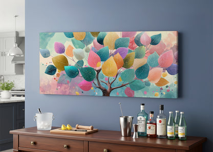 Colorful Pastel Leaves Tree Canvas Wall Art – Modern Abstract Nature Painting – Single & 3 Panel Canvas – AI PRINT LAB