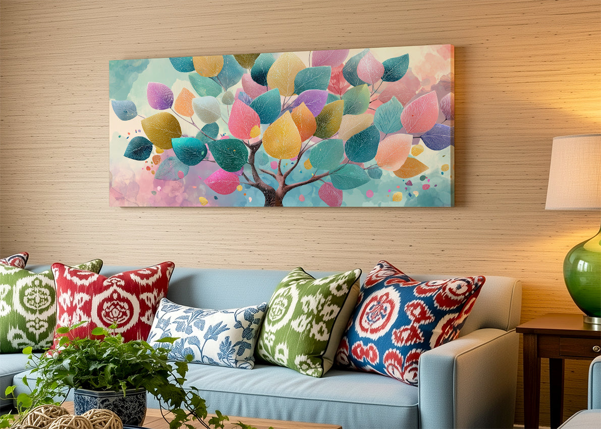 Colorful Pastel Leaves Tree Canvas Wall Art – Modern Abstract Nature Painting – Single & 3 Panel Canvas – AI PRINT LAB