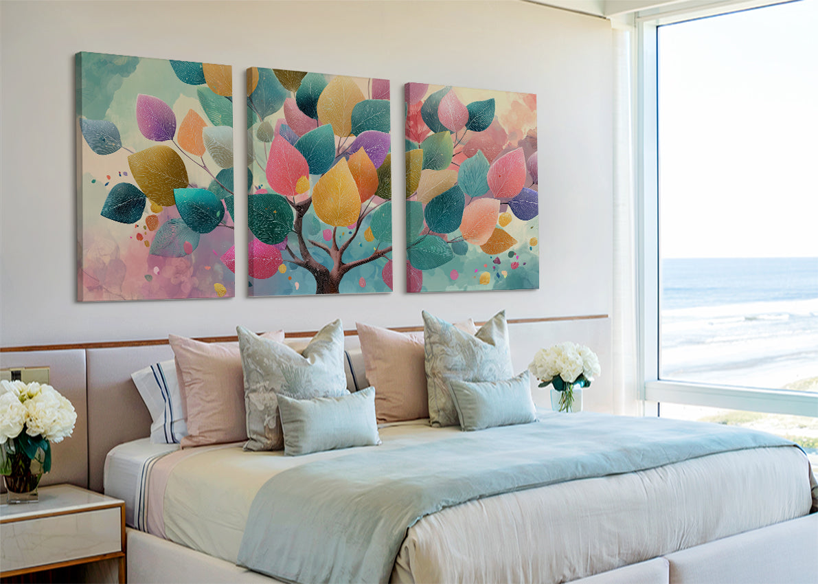 Colorful Pastel Leaves Tree Canvas Wall Art – Modern Abstract Nature Painting – Single & 3 Panel Canvas – AI PRINT LAB