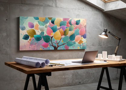 Colorful Pastel Leaves Tree Canvas Wall Art – Modern Abstract Nature Painting – Single & 3 Panel Canvas – AI PRINT LAB