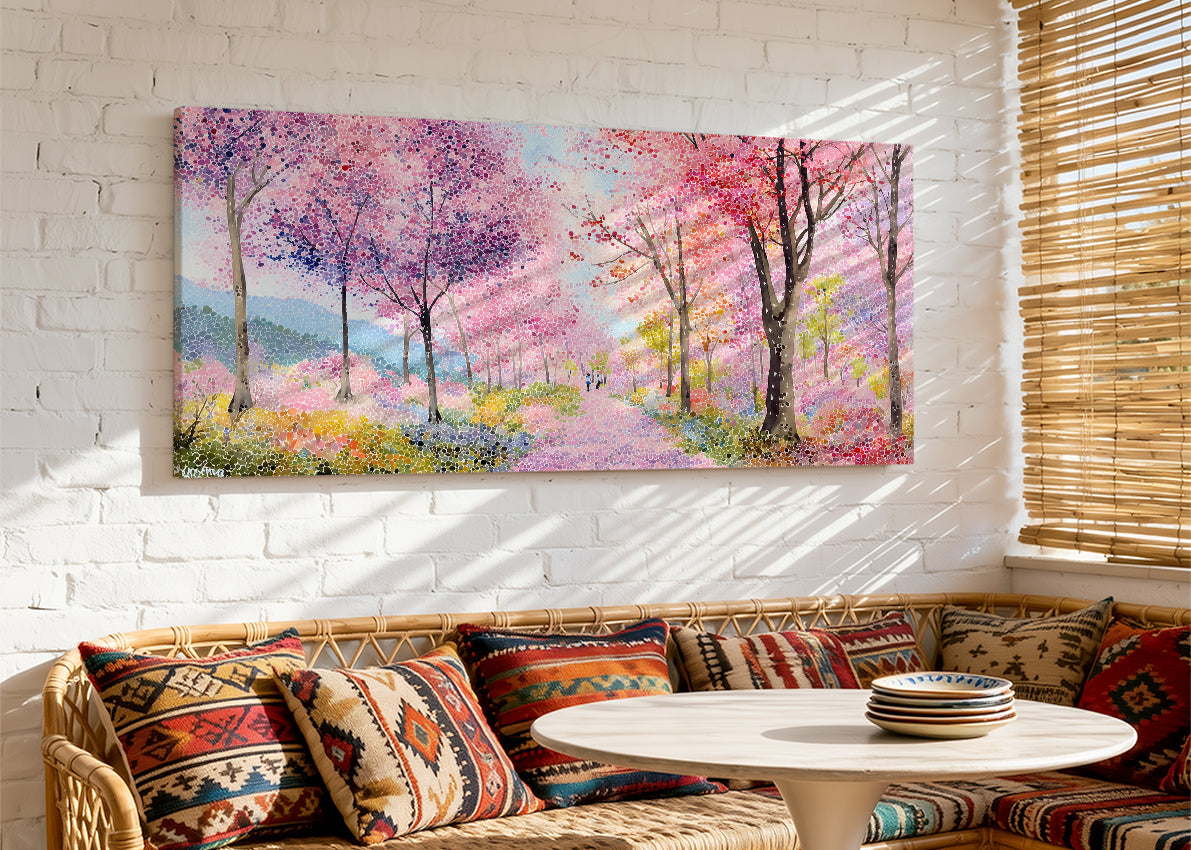 Colorful Spring Blossom Forest Canvas Wall Art – Pink Landscape Painting – Single & 3 Panel Canvas – AI PRINT LAB