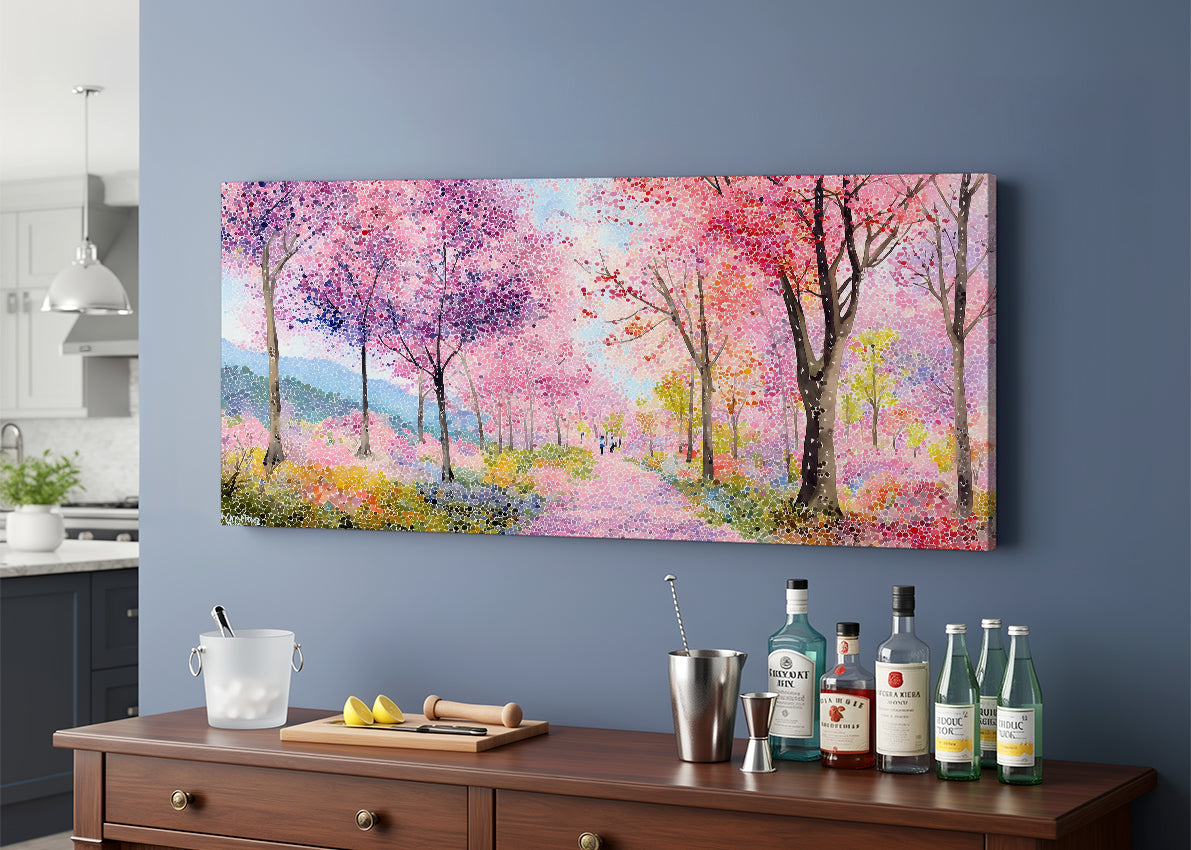 Colorful Spring Blossom Forest Canvas Wall Art – Pink Landscape Painting – Single & 3 Panel Canvas – AI PRINT LAB