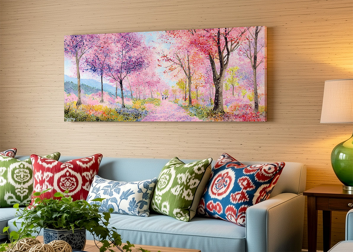 Colorful Spring Blossom Forest Canvas Wall Art – Pink Landscape Painting – Single & 3 Panel Canvas – AI PRINT LAB