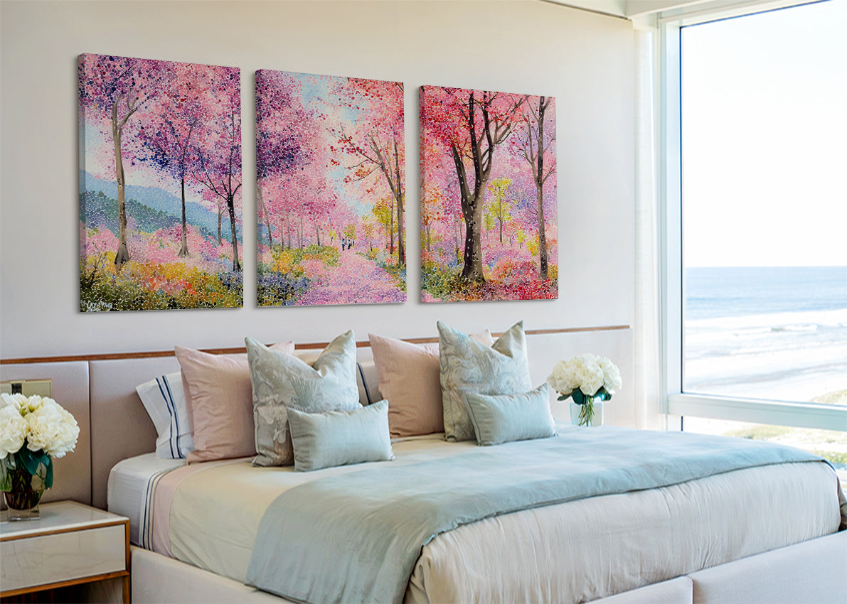 Colorful Spring Blossom Forest Canvas Wall Art – Pink Landscape Painting – Single & 3 Panel Canvas – AI PRINT LAB