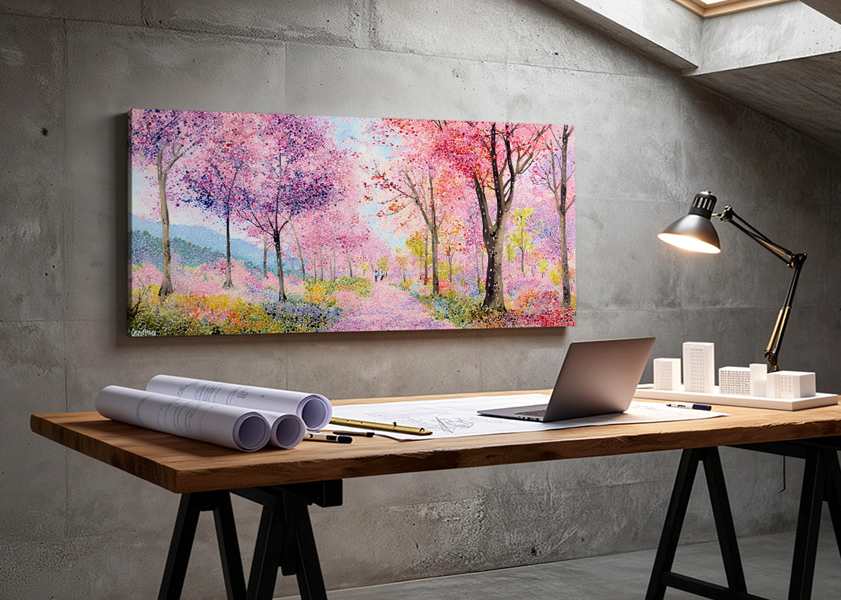 Colorful Spring Blossom Forest Canvas Wall Art – Pink Landscape Painting – Single & 3 Panel Canvas – AI PRINT LAB