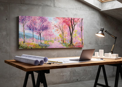 Colorful Spring Blossom Forest Canvas Wall Art – Pink Landscape Painting – Single & 3 Panel Canvas – AI PRINT LAB