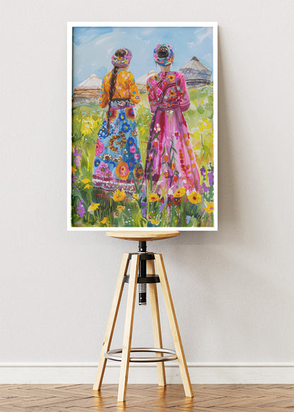 Colorful Traditional Women in Wildflower Field Canvas & Poster Print – AI PRINT LAB