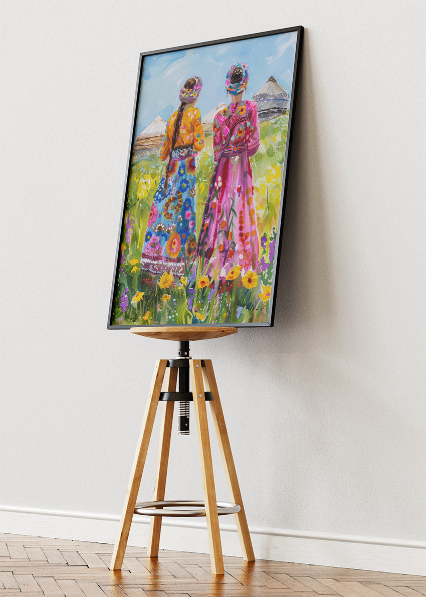 Colorful Traditional Women in Wildflower Field Canvas & Poster Print – AI PRINT LAB