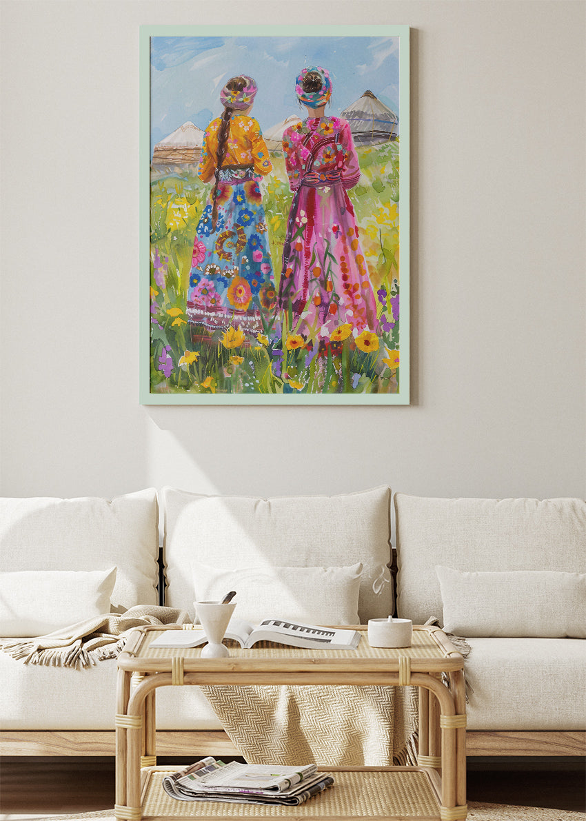 Colorful Traditional Women in Wildflower Field Canvas & Poster Print – AI PRINT LAB