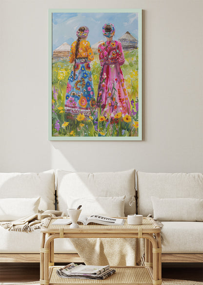 Colorful Traditional Women in Wildflower Field Canvas & Poster Print – AI PRINT LAB