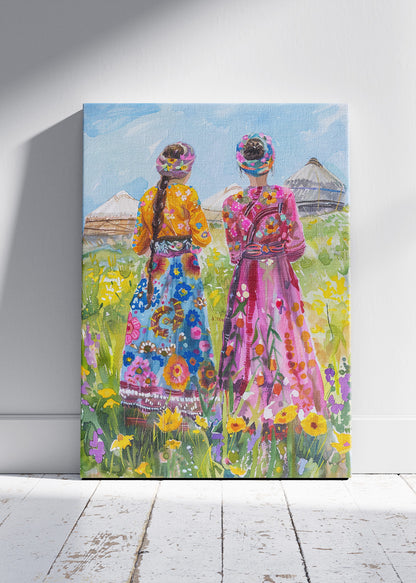 Colorful Traditional Women in Wildflower Field Canvas & Poster Print – AI PRINT LAB