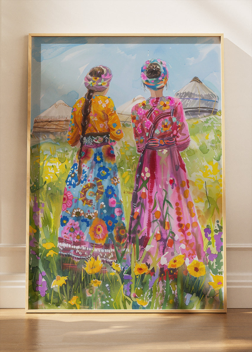 Colorful Traditional Women in Wildflower Field Canvas & Poster Print – AI PRINT LAB