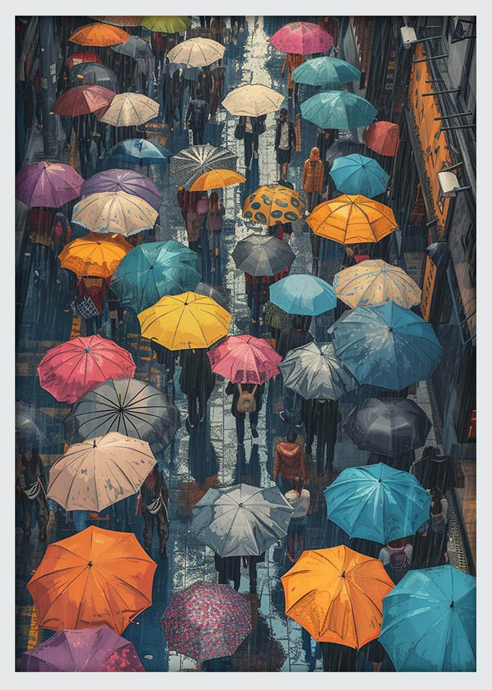 Colorful Umbrellas in the Rain – Urban Street Scene Canvas & Poster Wall Art – T1207 – AiPrintLab