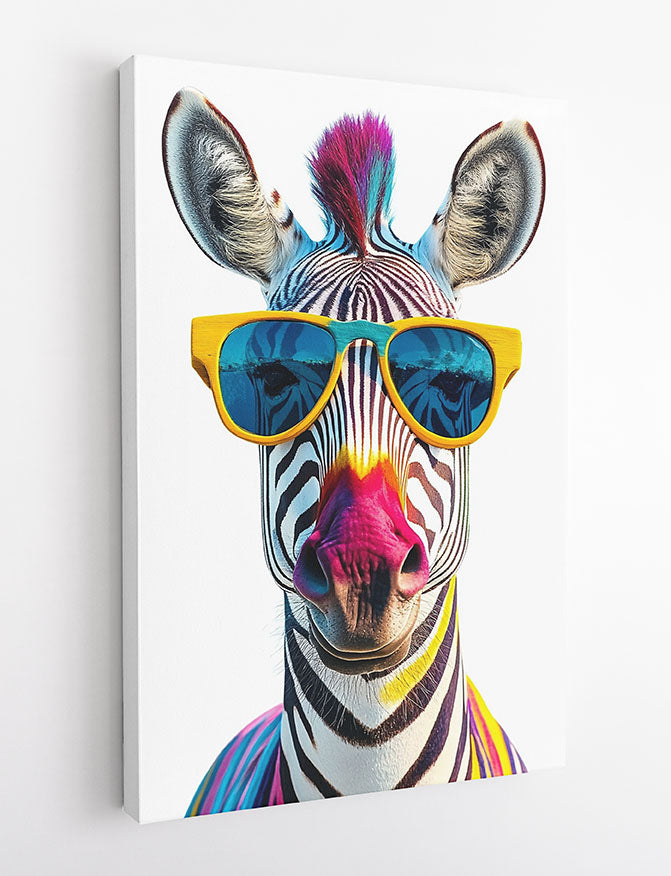 Colorful Zebra with Sunglasses Wall Art – Fun Animal Canvas & Poster Print – T1451 –