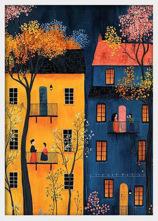 Colorful Balcony Neighbors Canvas Wall Art & Poster Print | Whimsical Night City Illustration – T1346 – Aiprintlab