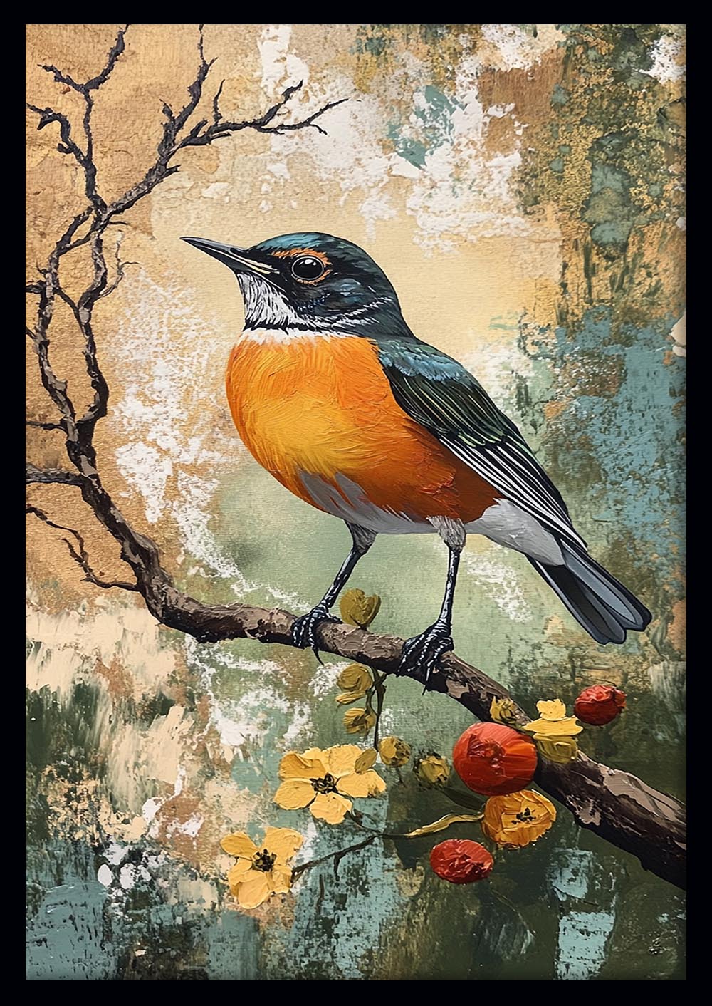Colorful Bird on Branch Canvas Wall Art & Poster Print | Nature-Inspired Wildlife Painting – T1324 – AiPrintlab 1