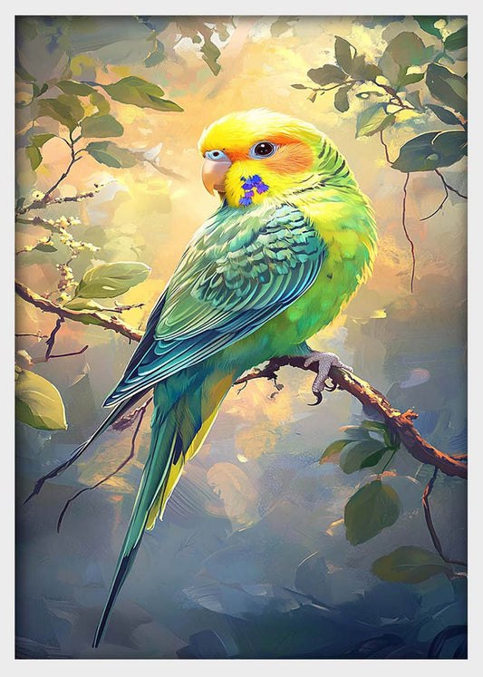 Colorful Parakeet Canvas Wall Art & Poster Print | Vibrant Bird on Branch Painting – T1362 – Aiprintlab