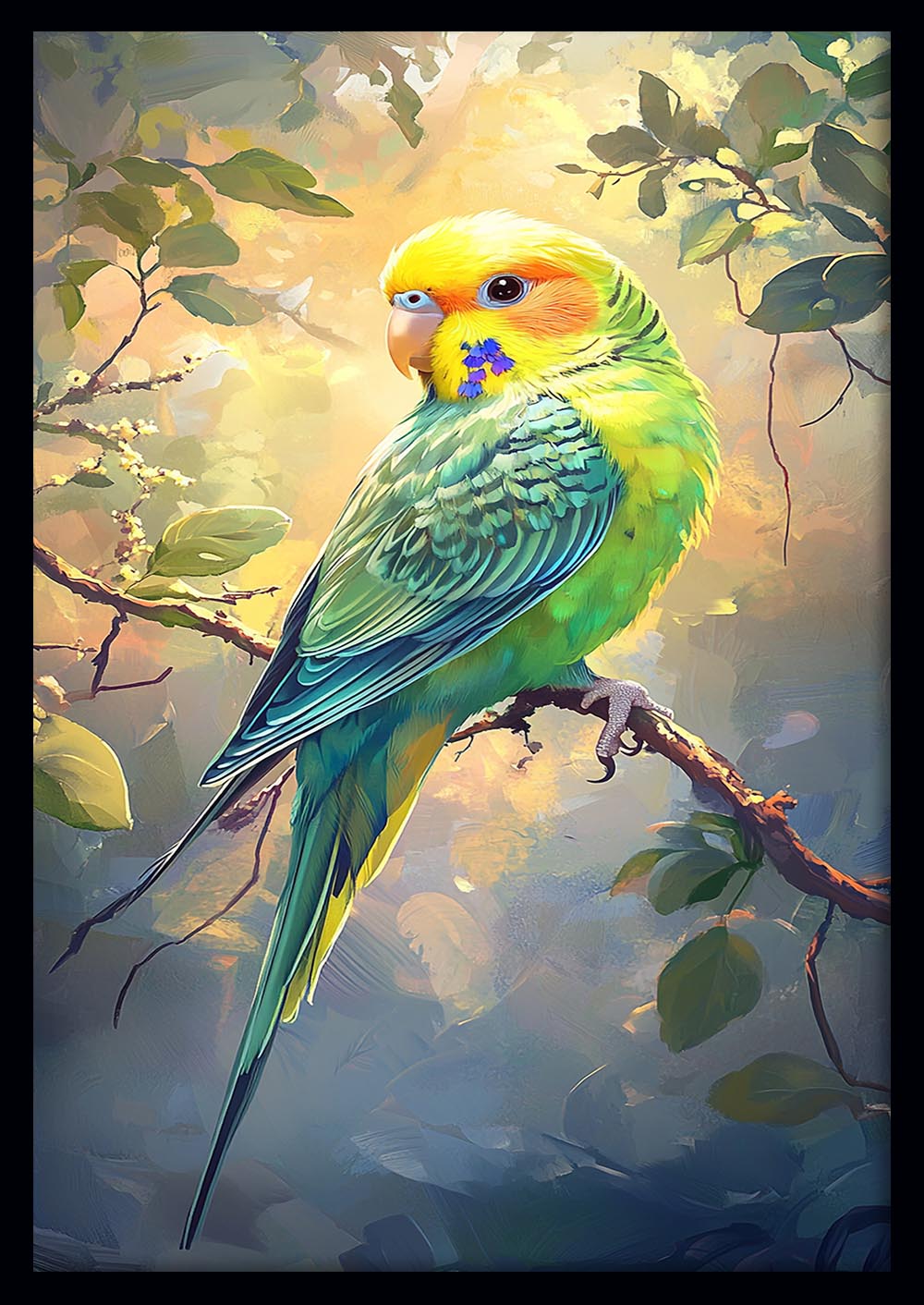 Colorful Parakeet Canvas Wall Art & Poster Print | Vibrant Bird on Branch Painting – T1362 – Aiprintlab 1