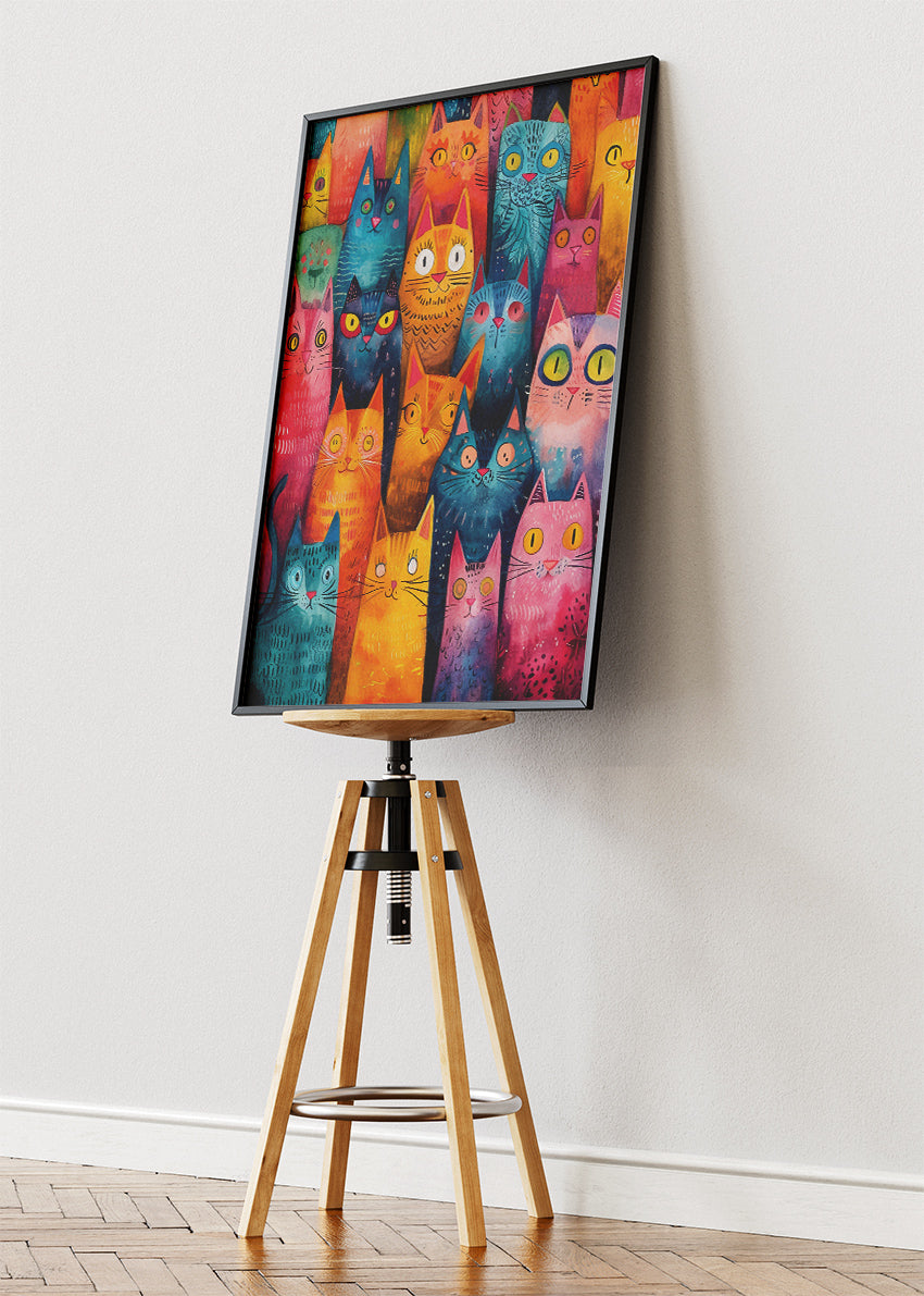 Colourful Cat Crowd Canvas Print & Poster – Playful Cat Wall Art
