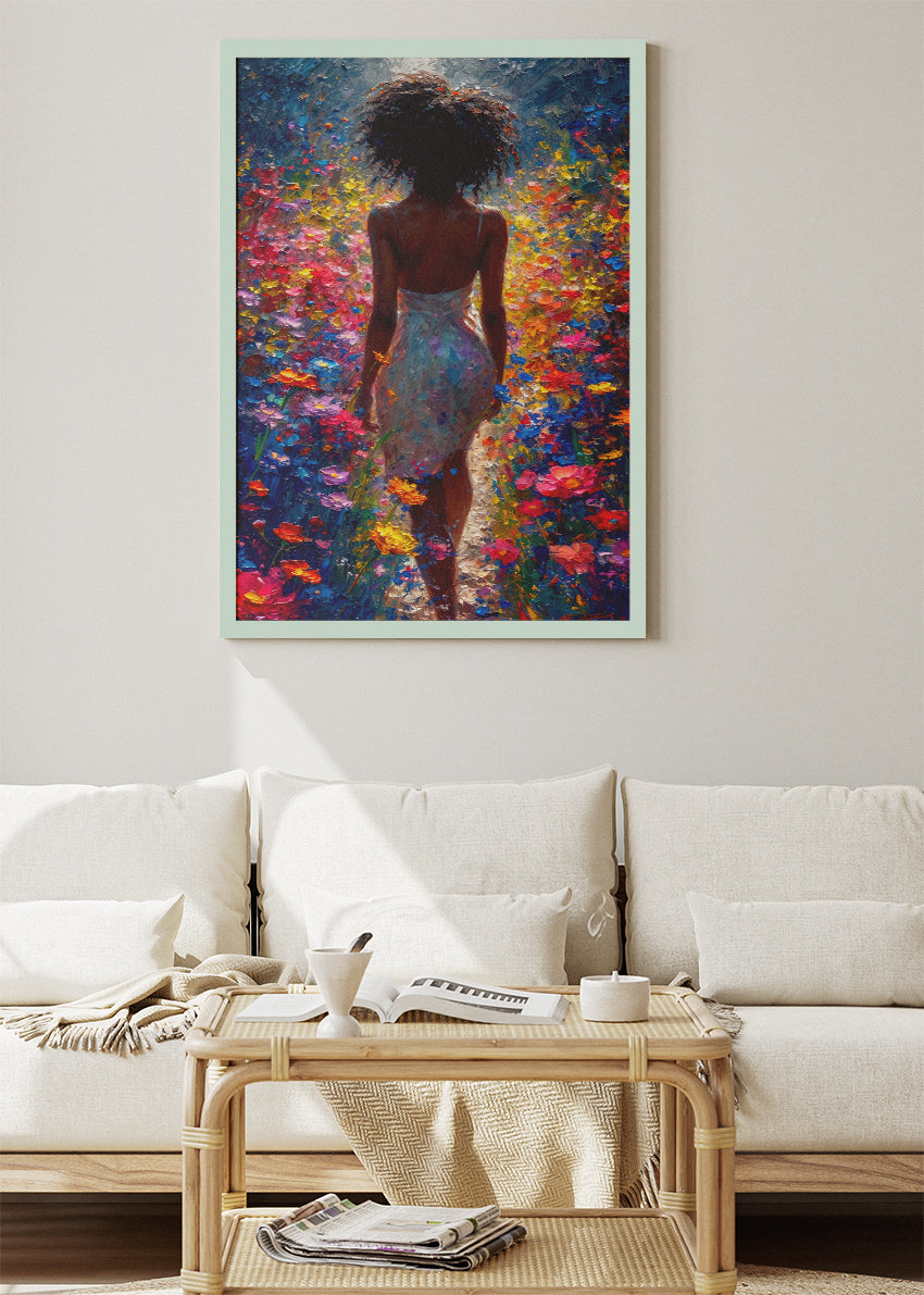 Colourful Floral Woman Wall Art – Vibrant Abstract Garden Canvas Print & Modern Statement Poster for Living Room Decor UK
