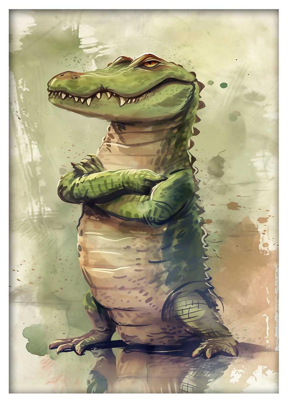 Cool Cartoon Alligator Poster – Funny Green Crocodile Canvas Wall Art – T791 – AiPrintLab
