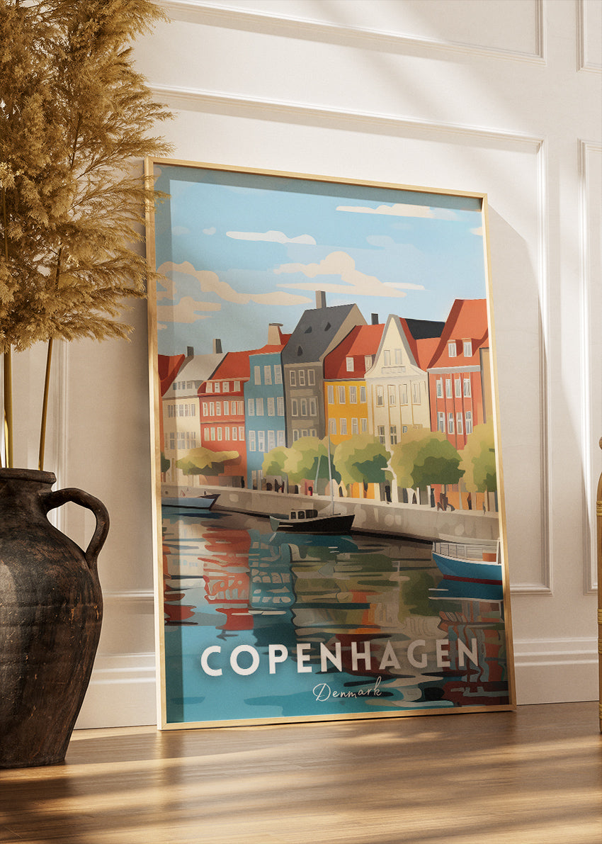 Copenhagen Denmark Poster & Canvas Print – Colorful Nyhavn Waterfront Illustration