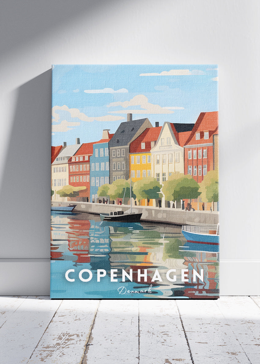 Copenhagen Denmark Poster & Canvas Print – Colorful Nyhavn Waterfront Illustration