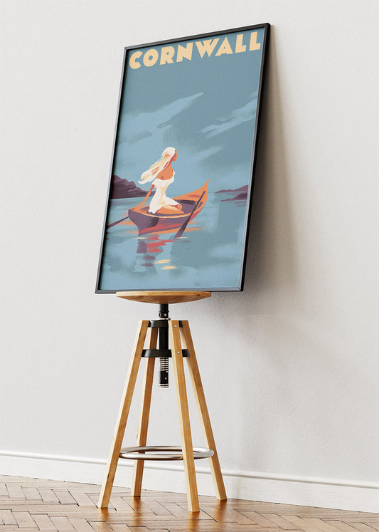 Cornwall UK Poster & Canvas Print – Vintage Coastal Rowboat Travel Art