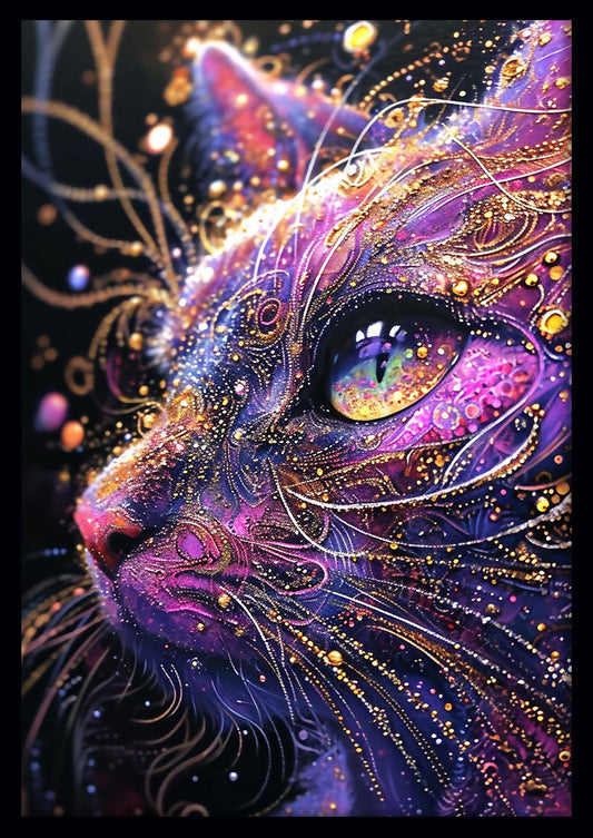 Cosmic Dream Cat in Purple & Gold – Celestial Canvas & Poster Wall Art – T915 – AiPrintLab