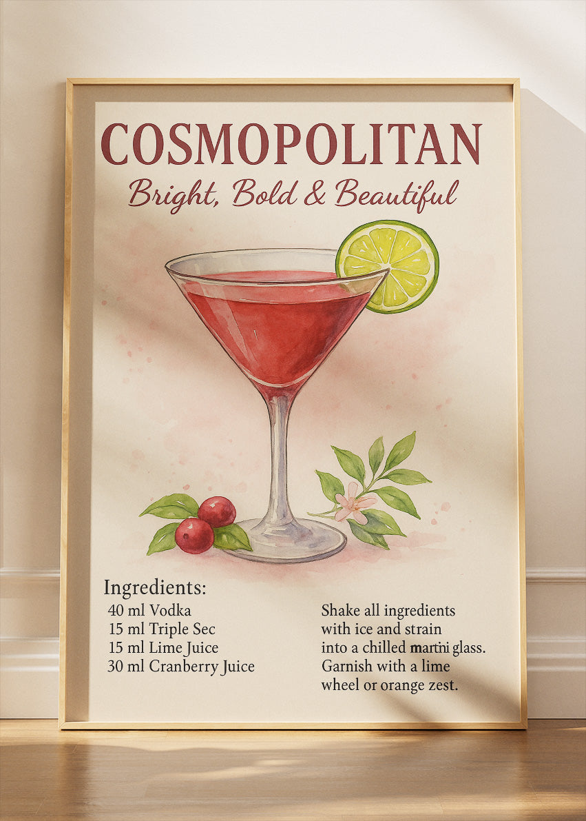 Cosmopolitan Elegant Cocktail Poster & Canvas Print | Watercolor Bar Wall Art