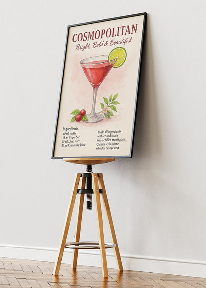Cosmopolitan Elegant Cocktail Poster & Canvas Print | Watercolor Bar Wall Art