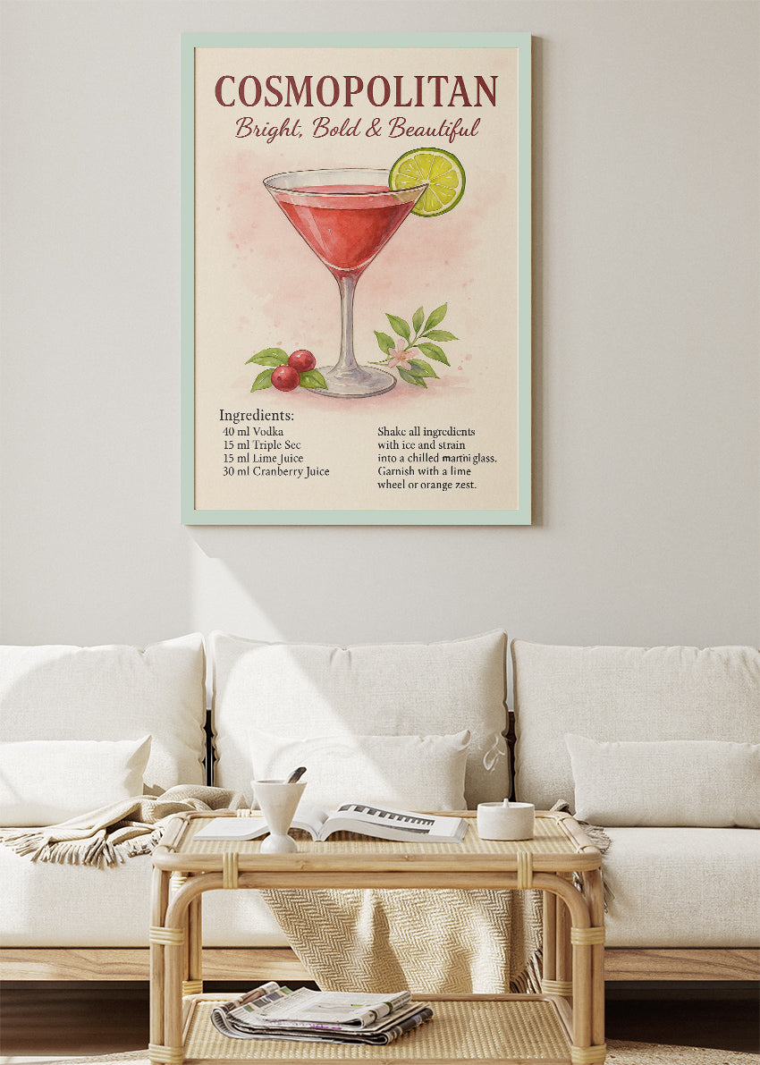 Cosmopolitan Elegant Cocktail Poster & Canvas Print | Watercolor Bar Wall Art