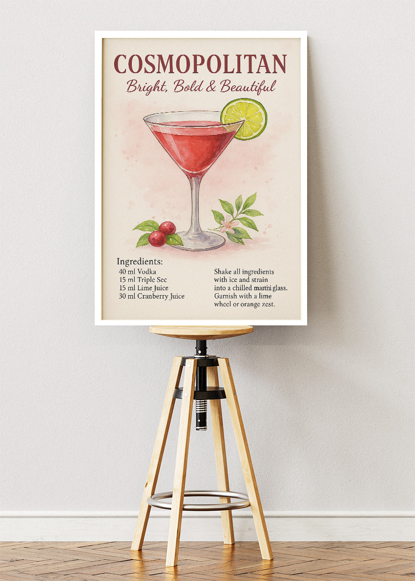 Cosmopolitan Elegant Cocktail Poster & Canvas Print | Watercolor Bar Wall Art