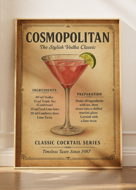 Cosmopolitan Vintage Cocktail Poster & Canvas Print | Classic Bar Wall Art