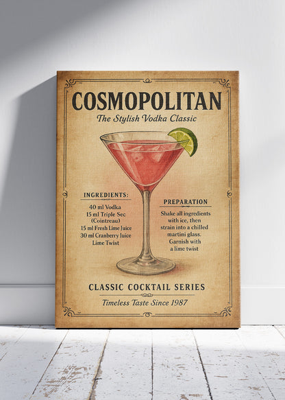 Cosmopolitan Vintage Cocktail Poster & Canvas Print | Classic Bar Wall Art
