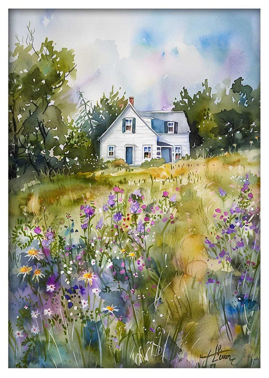 Country Cottage in Wildflower Meadow Watercolour Canvas Print & Poster – T682 – AiPrintLab