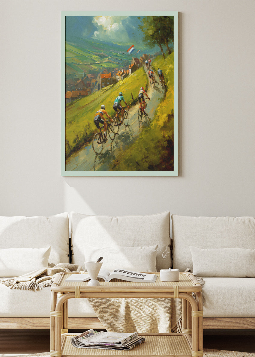 Countryside Hill Cycling Poster & Canvas Art Print – Riders Through Green Valleys