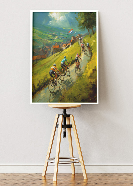 Countryside Hill Cycling Poster & Canvas Art Print – Riders Through Green Valleys