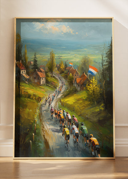 Countryside Village Cycling Poster & Canvas Art Print – Peloton Riding Through Rural Hills