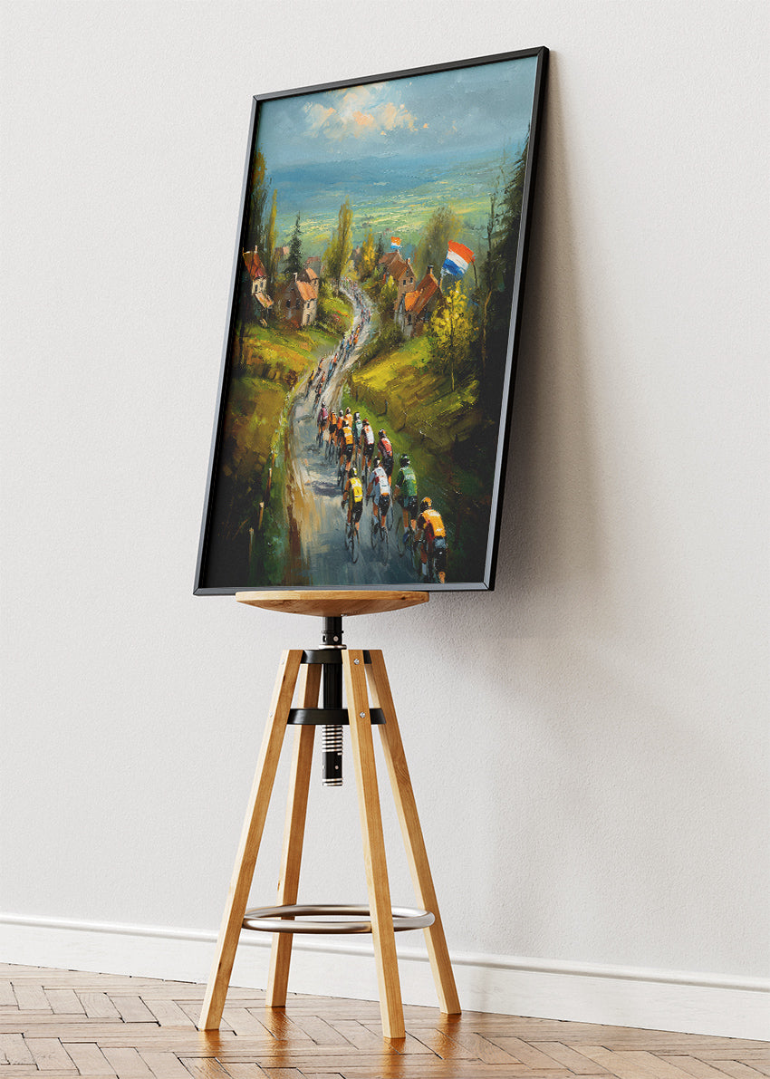 Countryside Village Cycling Poster & Canvas Art Print – Peloton Riding Through Rural Hills